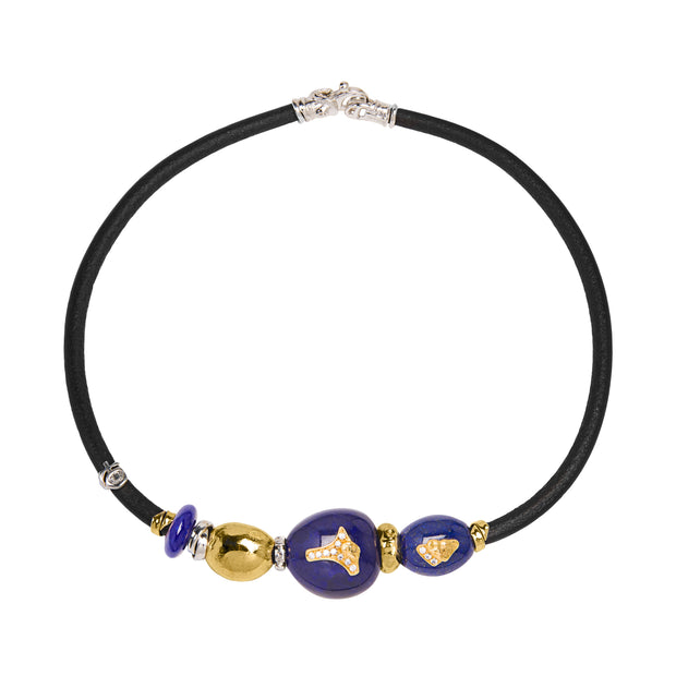18K Yellow Gold Leather Lapis and Diamond Necklace