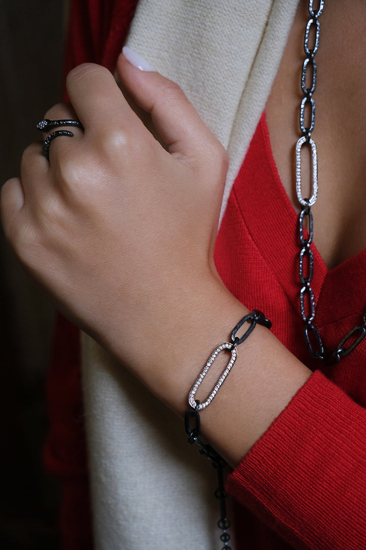 Oxidized Silver, 18K White Gold and 22K Yellow Gold "Chill Link" Diamond Bracelet