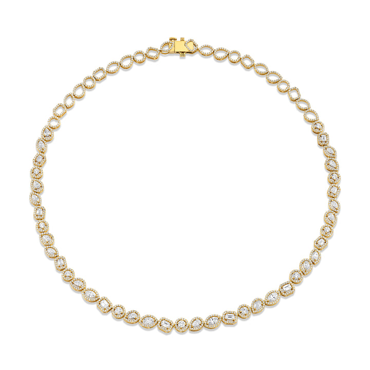 18K Yellow Gold Montage Halo Riviera Necklace with Round, Marquise, Emerald, and Pear Shaped Diamonds framed by a pave-set halo of round brilliant cut diamonds set half-way and open links on the other half (6.21cttw) F-G, VS