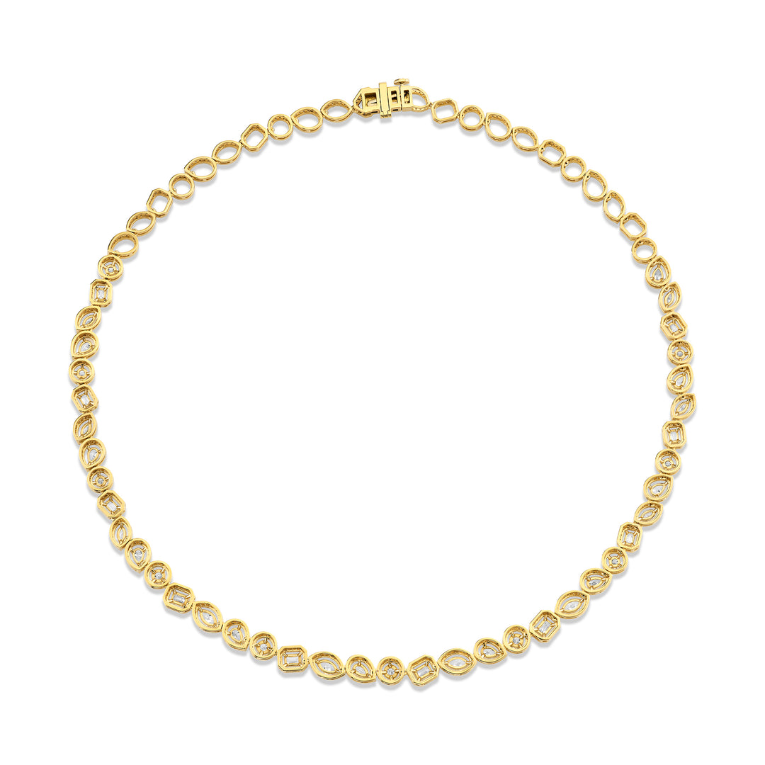 18K Yellow Gold Montage Halo Riviera Necklace with Round, Marquise, Emerald, and Pear Shaped Diamonds framed by a pave-set halo of round brilliant cut diamonds set half-way and open links on the other half (6.21cttw) F-G, VS