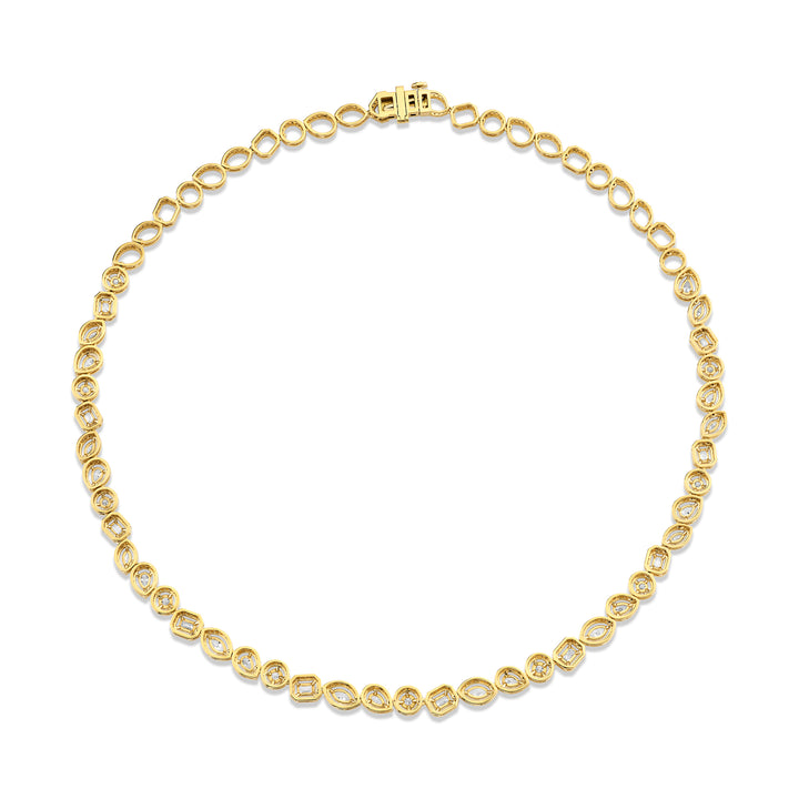 18K Yellow Gold Montage Halo Riviera Necklace with Round, Marquise, Emerald, and Pear Shaped Diamonds framed by a pave-set halo of round brilliant cut diamonds set half-way and open links on the other half (6.21cttw) F-G, VS
