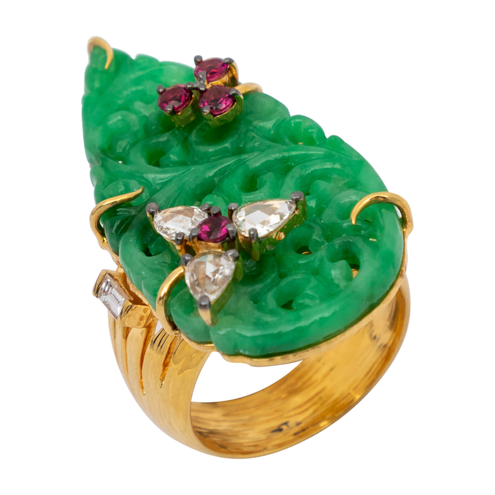 18K Yellow Gold & Carved Jade Ring with Diamonds and Rubies