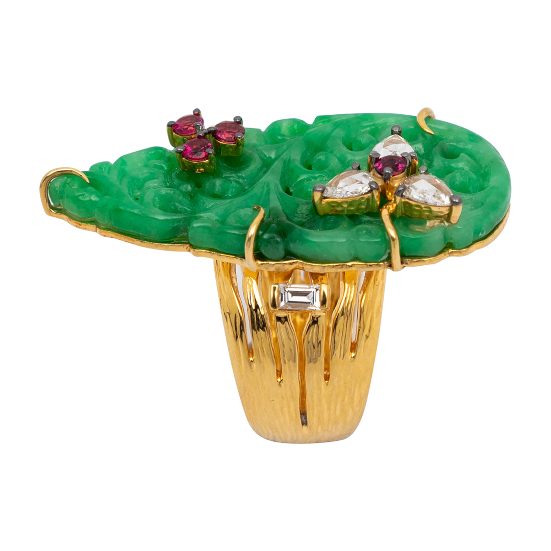 18K Yellow Gold & Carved Jade Ring with Diamonds and Rubies