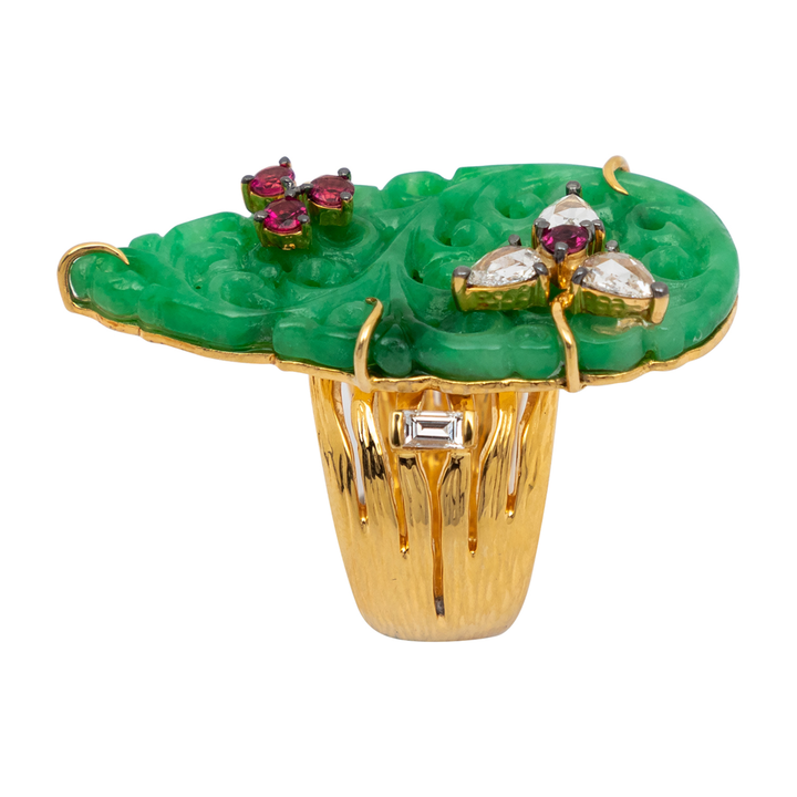 18K Yellow Gold & Carved Jade Ring with Diamonds and Rubies