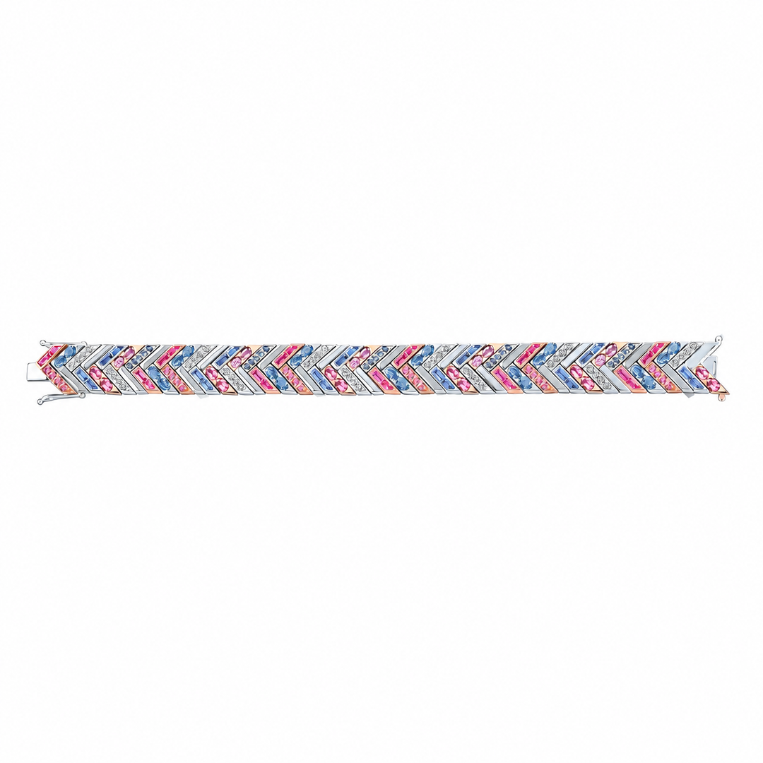 Platinum & 18K Rose Gold Masterpiece Chevron Bracelet with Light Blue and Pink Sapphires and Round Brilliant Cut Diamonds