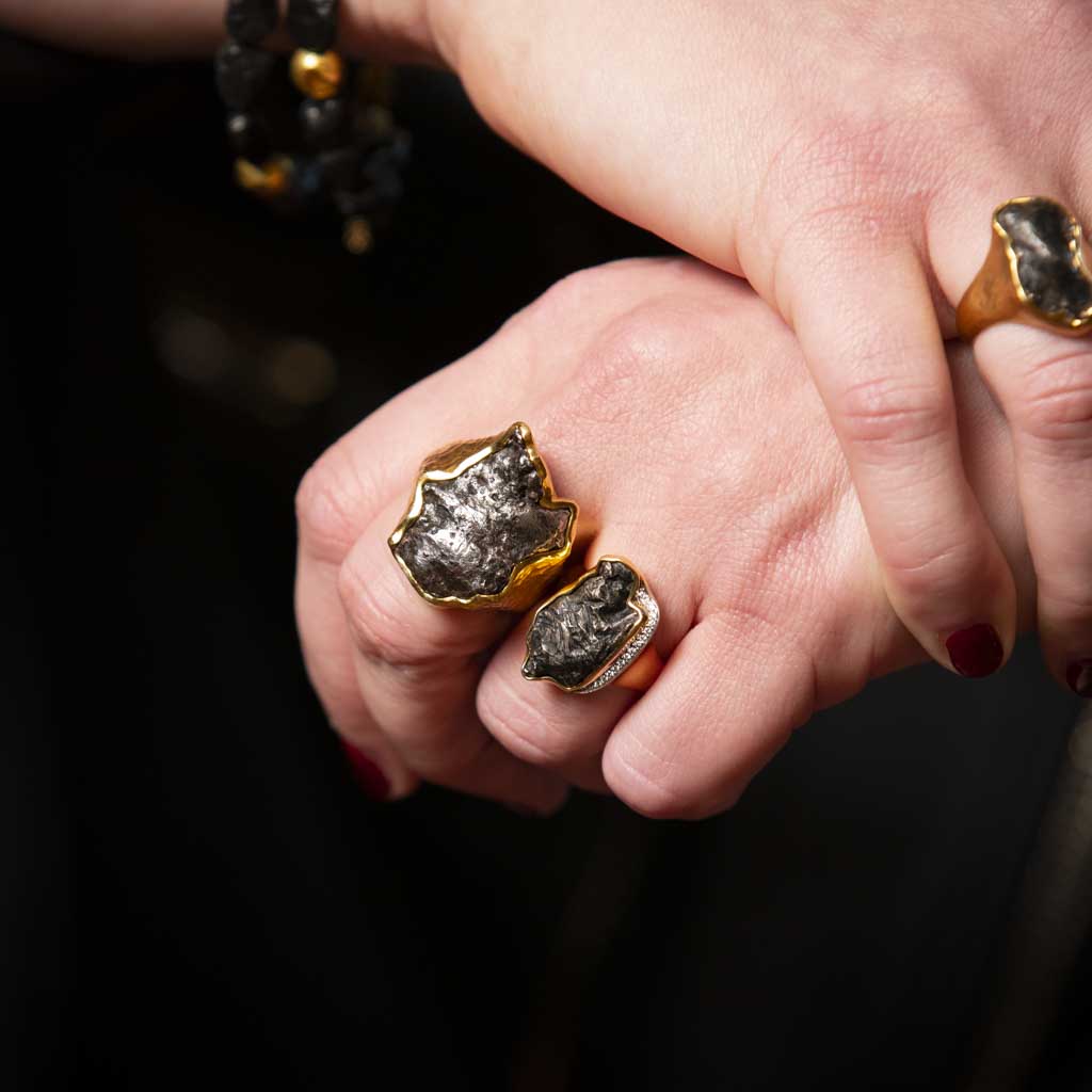 18K Yellow Gold Noir Authentic Sikhote-Alin Meteorite and Diamond Ring