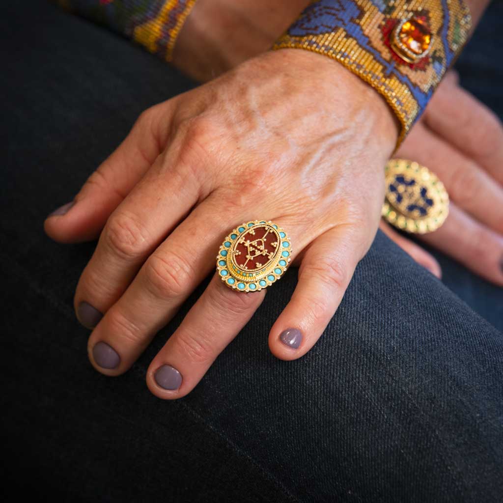 18K Yellow Gold Carnelian, Turquoise and Diamond Silk Road Ring