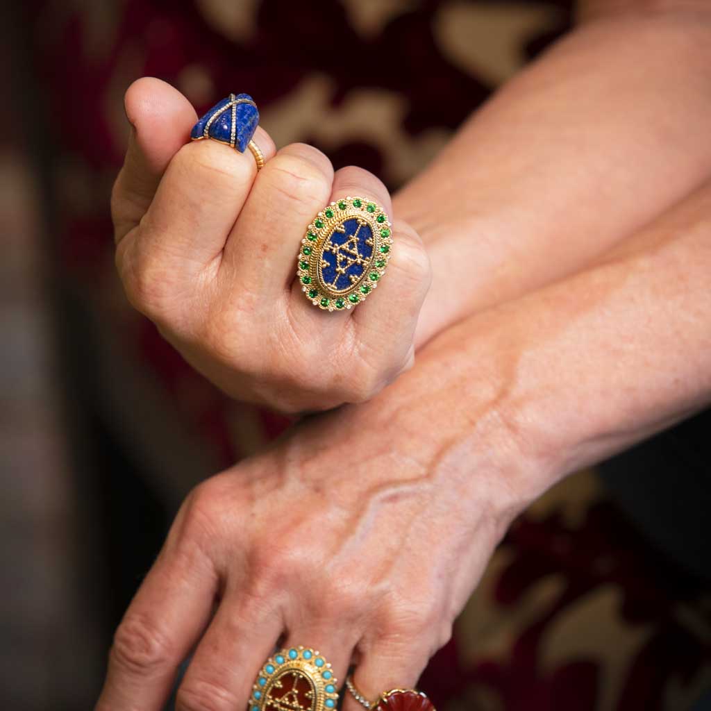 18K Yellow Gold Lapis, Tsavorite and Diamond Silk Road Ring