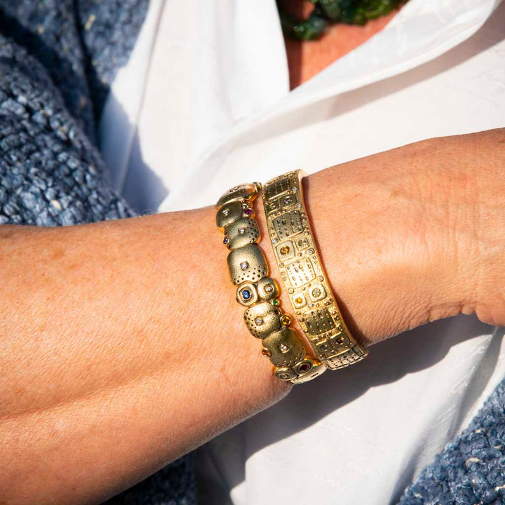 18K Yellow Gold "Notes" Natural Color and White Diamond Cuff Bracelet