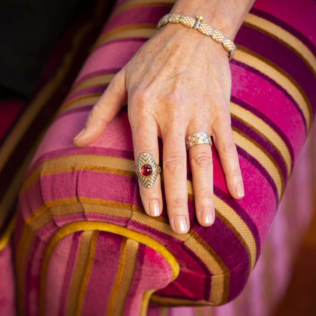 Platinum, 24K and 18K Yellow Gold Rubellite and Diamond Ring