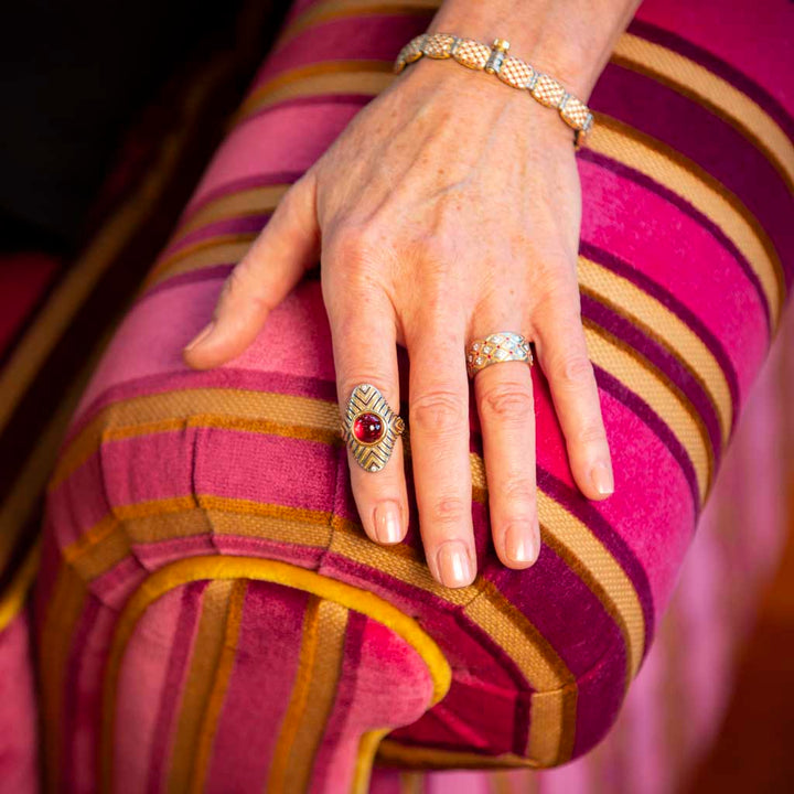 Platinum, 24K and 18K Yellow Gold Rubellite and Diamond Ring