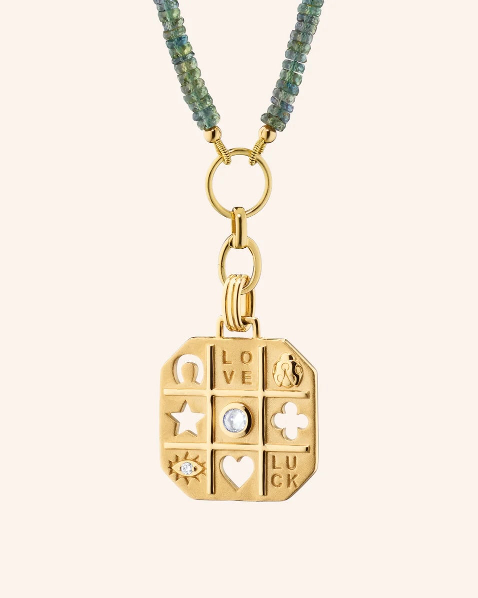 18K Yellow Gold & Green Sapphire Necklace with "Tokens of Luck" Charm and Diamond.