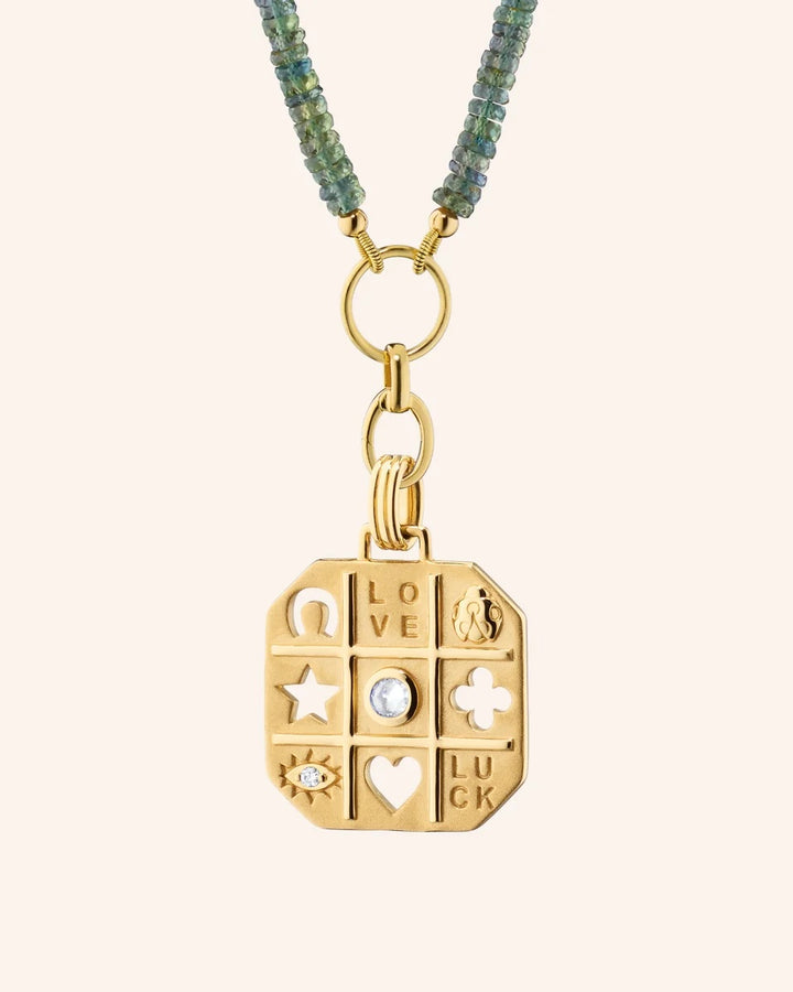 18K Yellow Gold & Green Sapphire Necklace with "Tokens of Luck" Charm and Diamond.