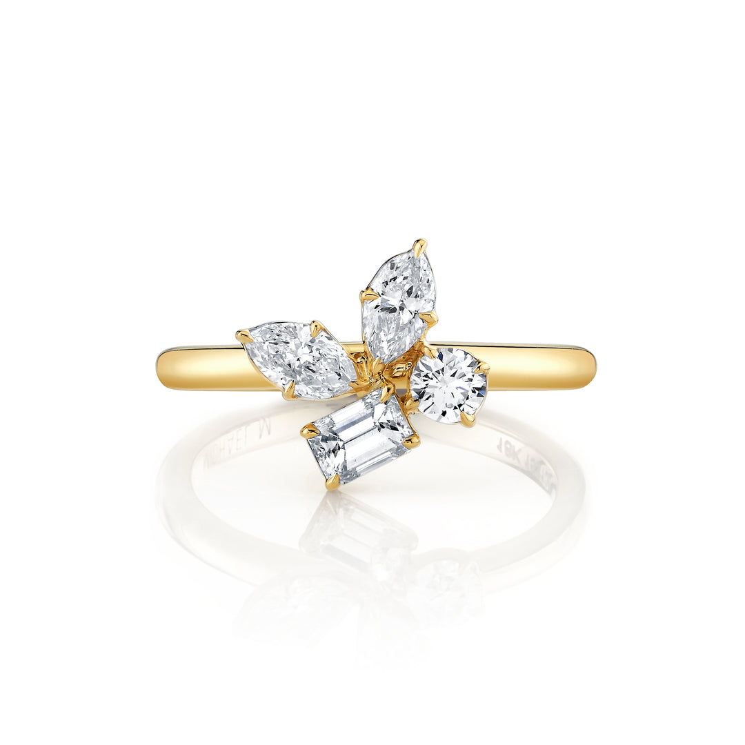 18K Yellow Gold Montage Cluster Ring with a Round, Marquise, Emerald & Pear Shaped Diamonds