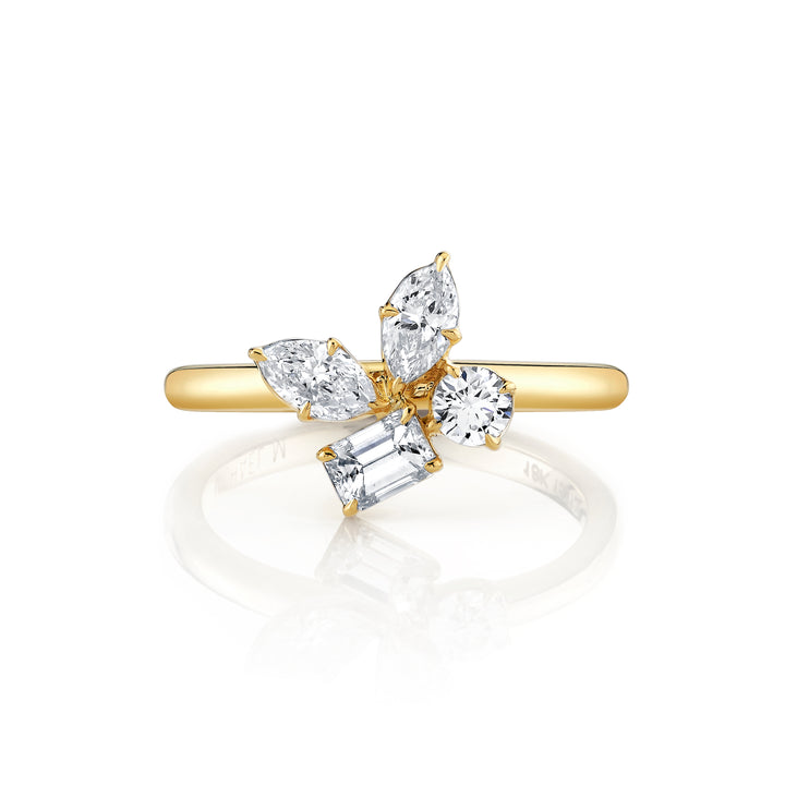 18K Yellow Gold Montage Cluster Ring with a Round, Marquise, Emerald & Pear Shaped Diamonds