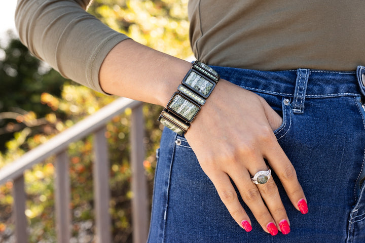 Knightsteel and Platinum, Moss Opal, Quartz, Demantoid Garnet, & Diamond "Grace O'Malley" Bracelet
