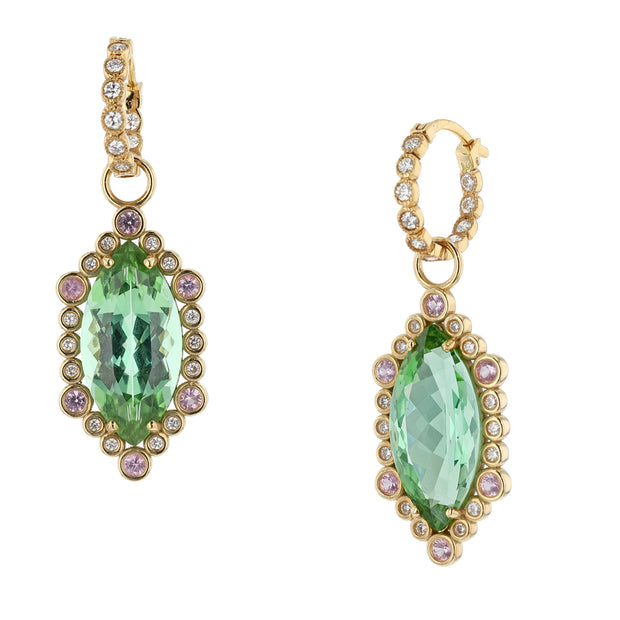 18K Yellow Gold Neon Green Tourmaline, Pink Sapphire and Diamond Earrings