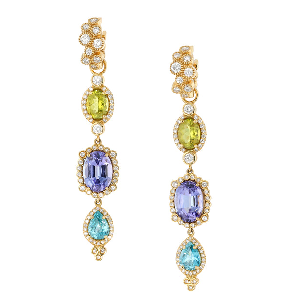 18K Yellow Gold Canary Tourmaline, Lavender Tanzanite, Blue Zircon and Diamond Earrings