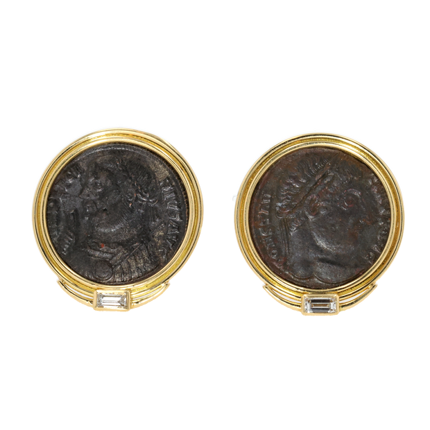 18K Yellow Gold Licinius I and Constantine I Bronze Roman Coin and Diamond Earrings