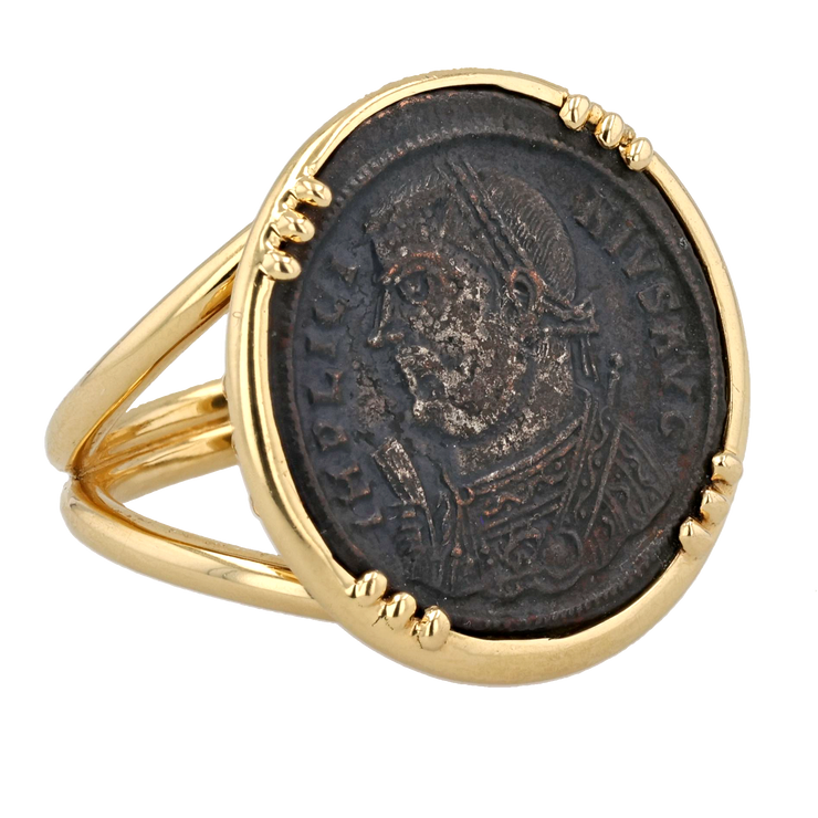 18K Yellow Gold Bronze Roman Coin "Implici Nivsavg" Ring