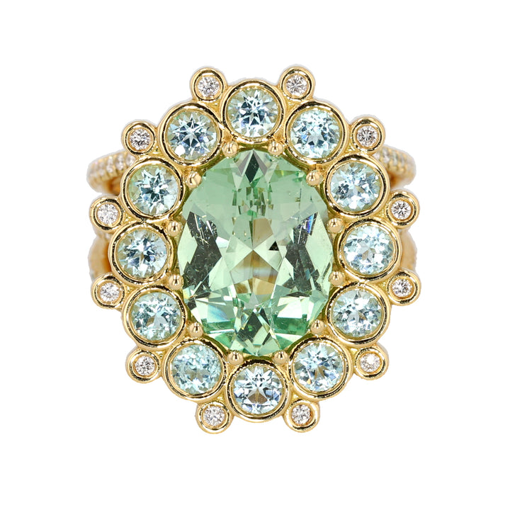 18K Yellow Gold Merelani Mint Garnet, Paraiba Tourmaline and Diamond Cupcake Ring