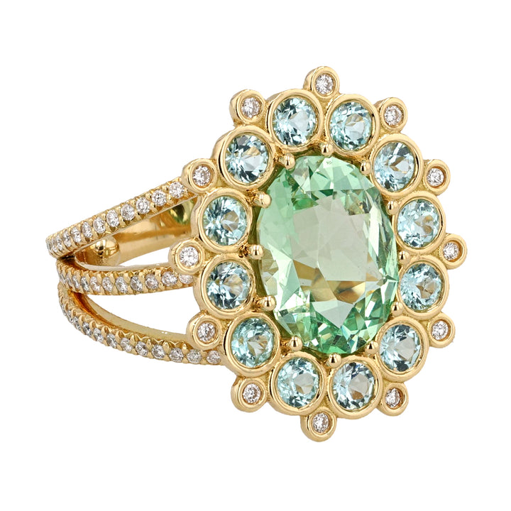18K Yellow Gold Merelani Mint Garnet, Paraiba Tourmaline and Diamond Cupcake Ring