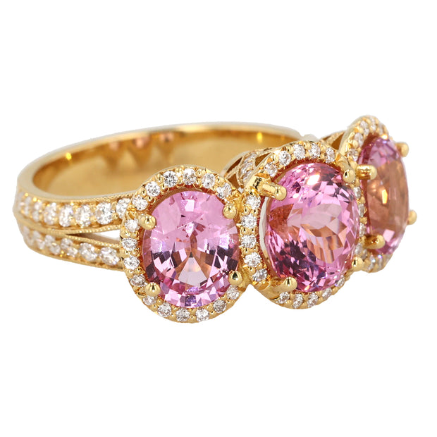 18K Yellow Gold 3-Stone Pink Spinel and Diamond Ring