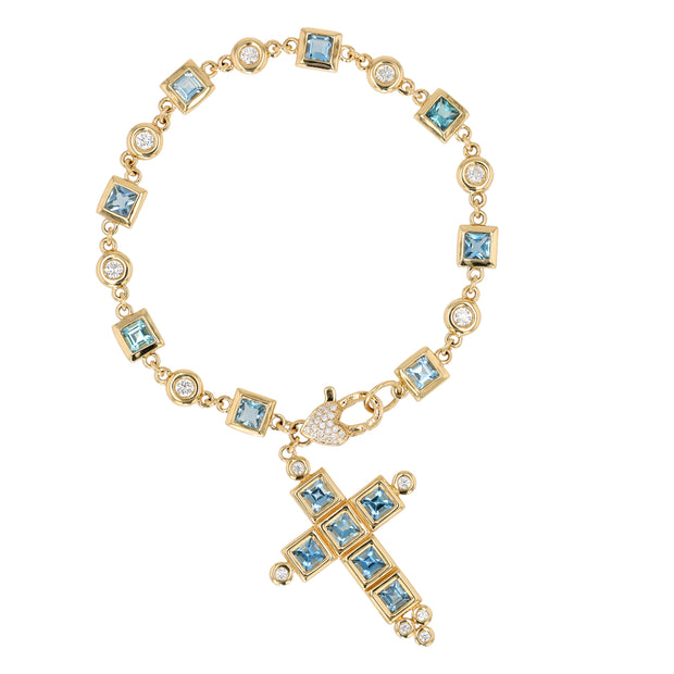 18K Yellow Gold Aquamarine and Diamond Cross Bracelet