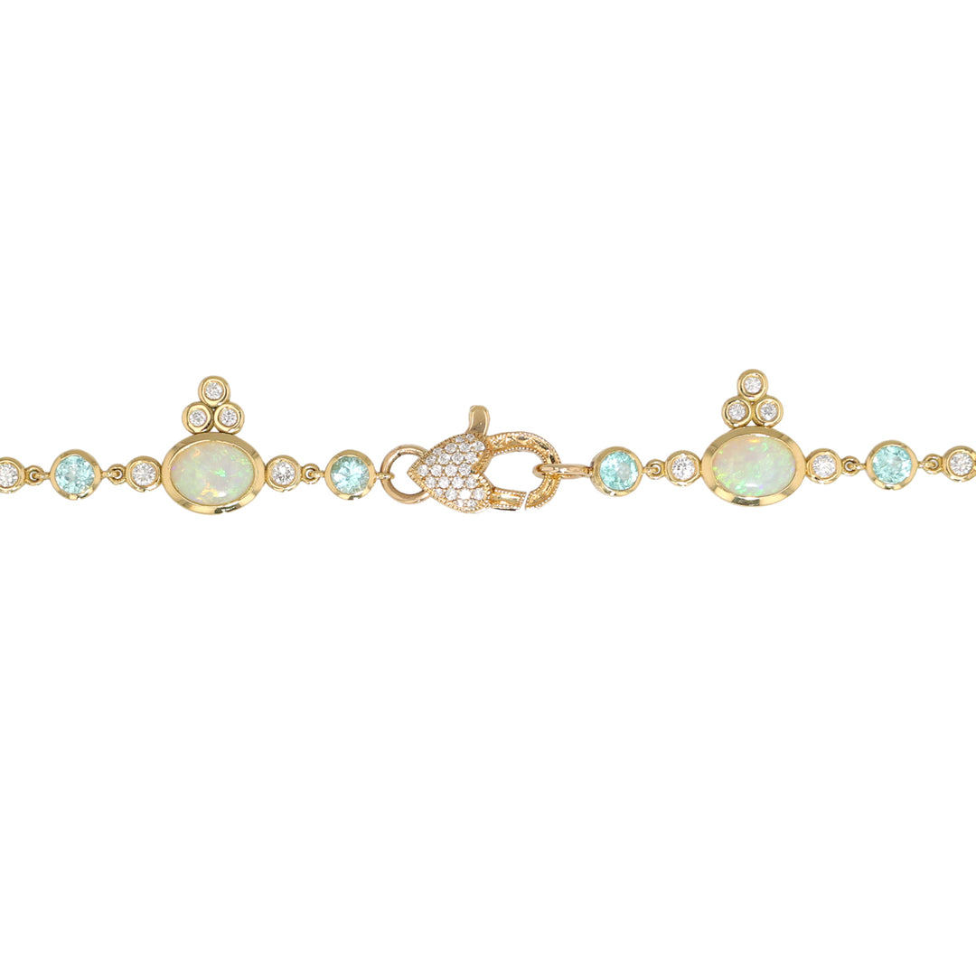 18K Yellow Gold Australian Opal, Paraiba Tourmaline and Diamond Necklce