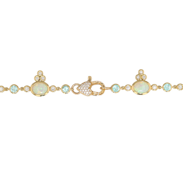 18K Yellow Gold Australian Opal, Paraiba Tourmaline and Diamond Necklce