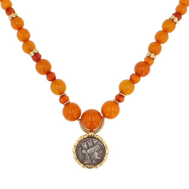 18K Yellow Gold Vintage Amber Bead and Phoenician Greek Coin Necklace
