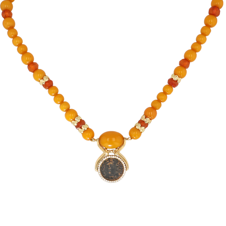 18K Yellow Gold Antique Amber Bead Reversible Thessaly Larissa Coin Necklace