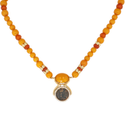 18K Yellow Gold Antique Amber Bead Reversible Thessaly Larissa Coin Necklace