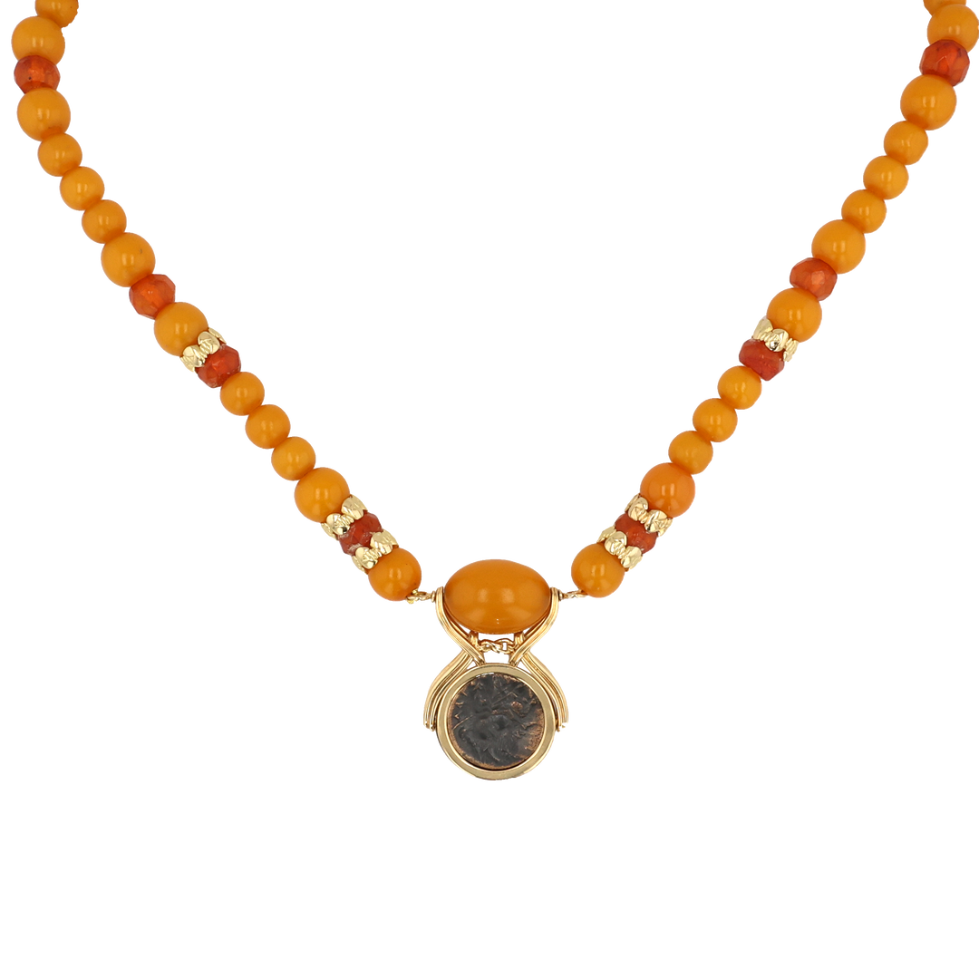 18K Yellow Gold Antique Amber Bead Reversible Thessaly Larissa Coin Necklace