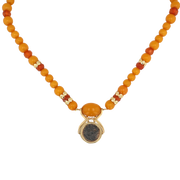 18K Yellow Gold Antique Amber Bead Reversible Thessaly Larissa Coin Necklace