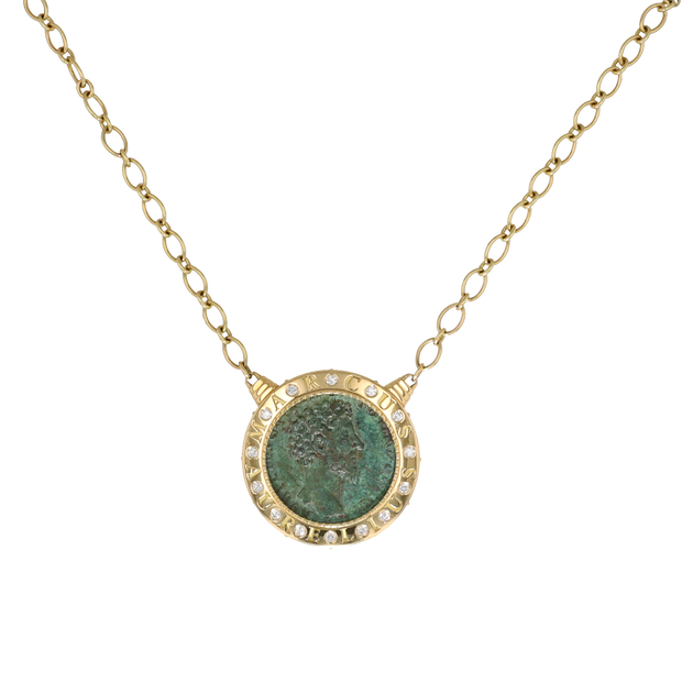 18K Yellow Gold Marcus Aurelius Roman Coin and Diamond Necklace
