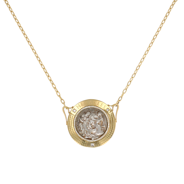 18K Yellow Gold Head of Herakles Greek Coin and Diamond Necklace