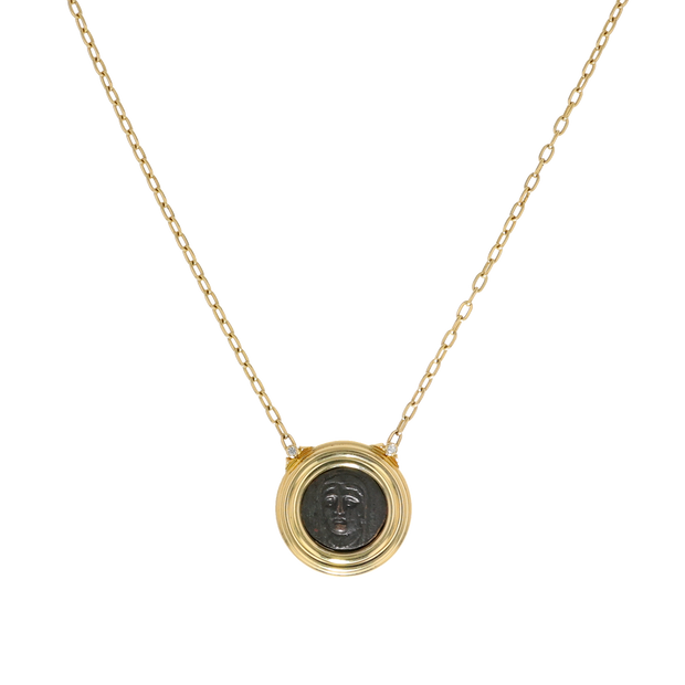 18K Yellow Gold Thessaly Perrhaiboi Bronze Coin and Diamond Necklace