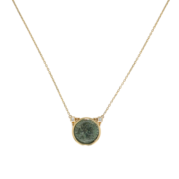 18K Yellow Gold Roman Constantine II Bronze Coin and Diamond Necklace