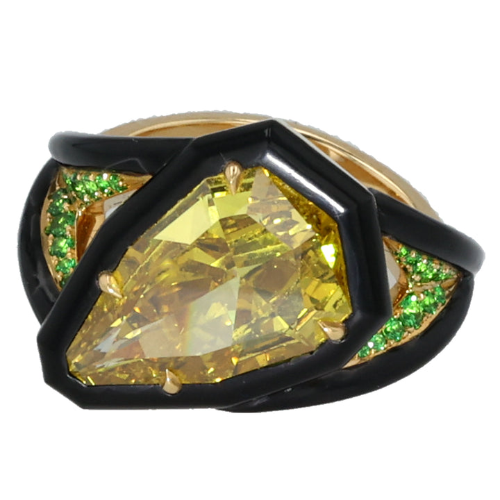 18K Yellow Gold & Black Ceramic Fancy Yellow Shield Cut Diamond and Tsavorite Garnet Ring