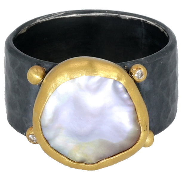 24K Yellow Gold and Oxidized Silver Keshi Pearl and Diamond Ring