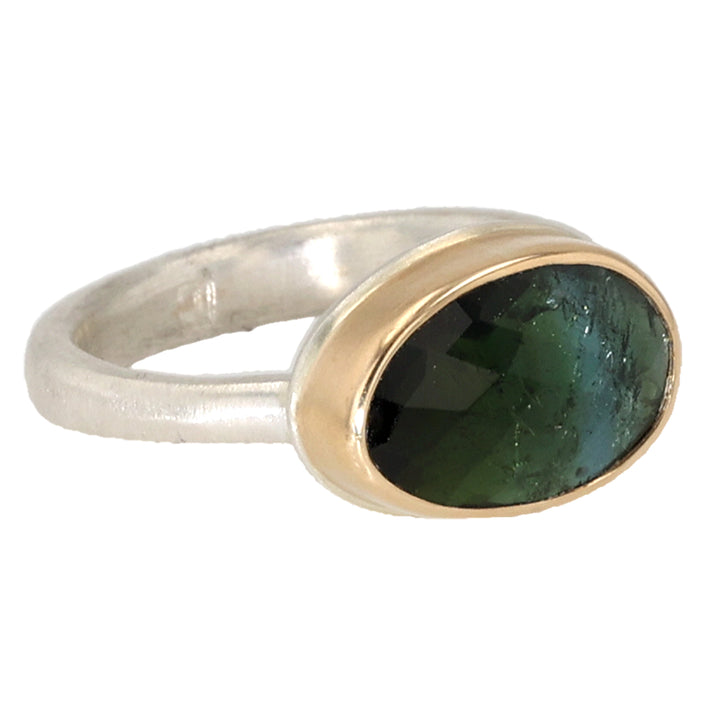 Sterling Silver and 14K Yellow Gold Assymetrical Blue Green Tourmaline Ring