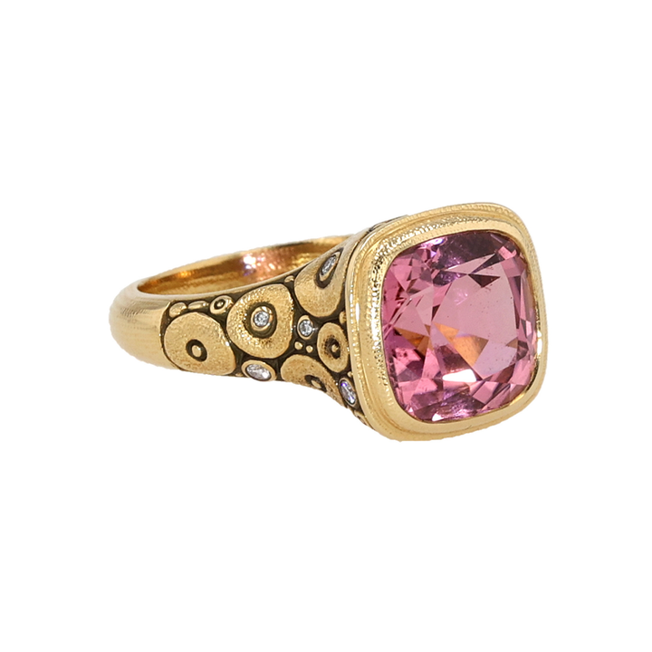 18K Yellow Gold Orchard Cushion Pink Tourmaline and Diamond Ring