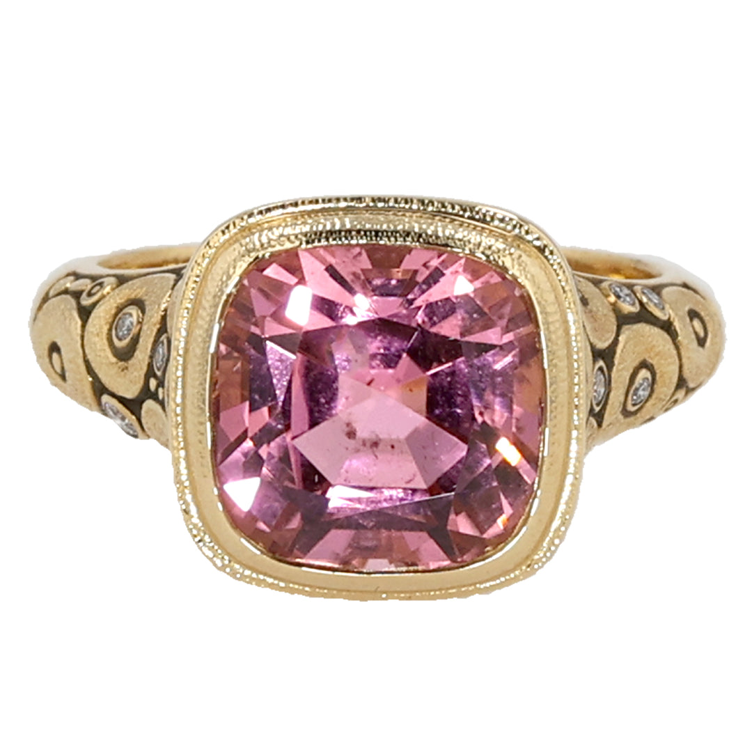 18K Yellow Gold Orchard Cushion Pink Tourmaline and Diamond Ring