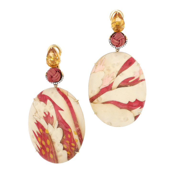 18K Yellow Gold, Bamboo, Marquetry, Diamond, Citrine and Yellow Sapphire Earrings