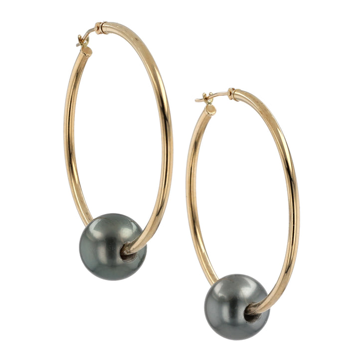 14K Yellow Gold Tahitian Pearl Hoop Earrings