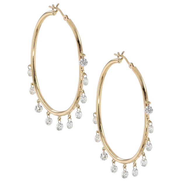 18K Yellow Gold Diamond Dangle Handmade Hoop Earrings