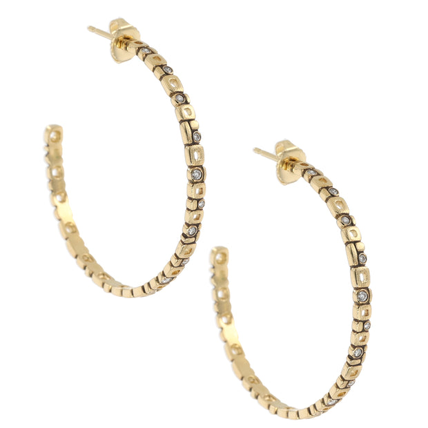 18K Yellow Gold Micro Windows Large Diamond Hoop Earrings