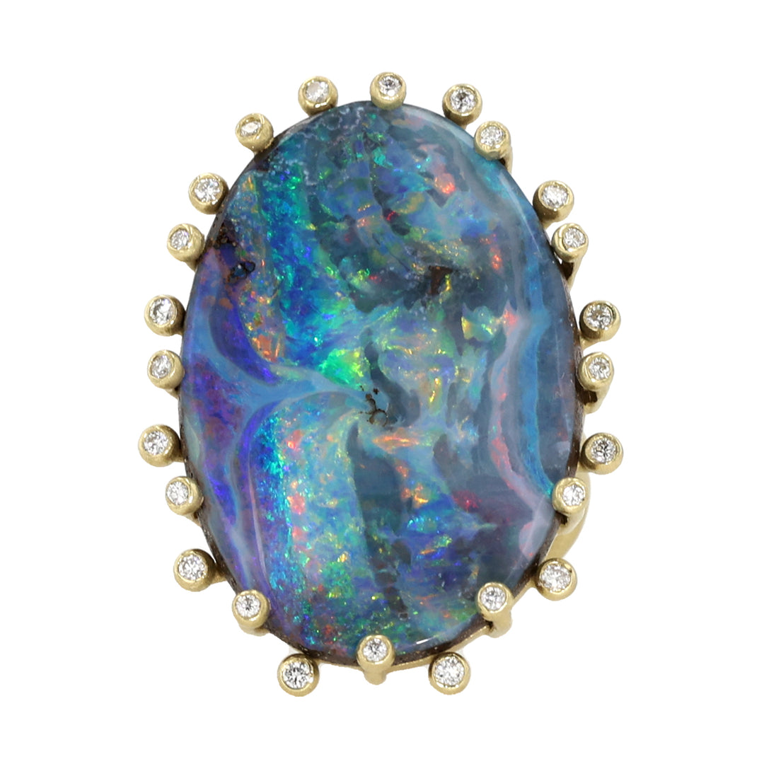 18K Yellow Gold Australian Boulder Opal and Diamond Firecracker Ring