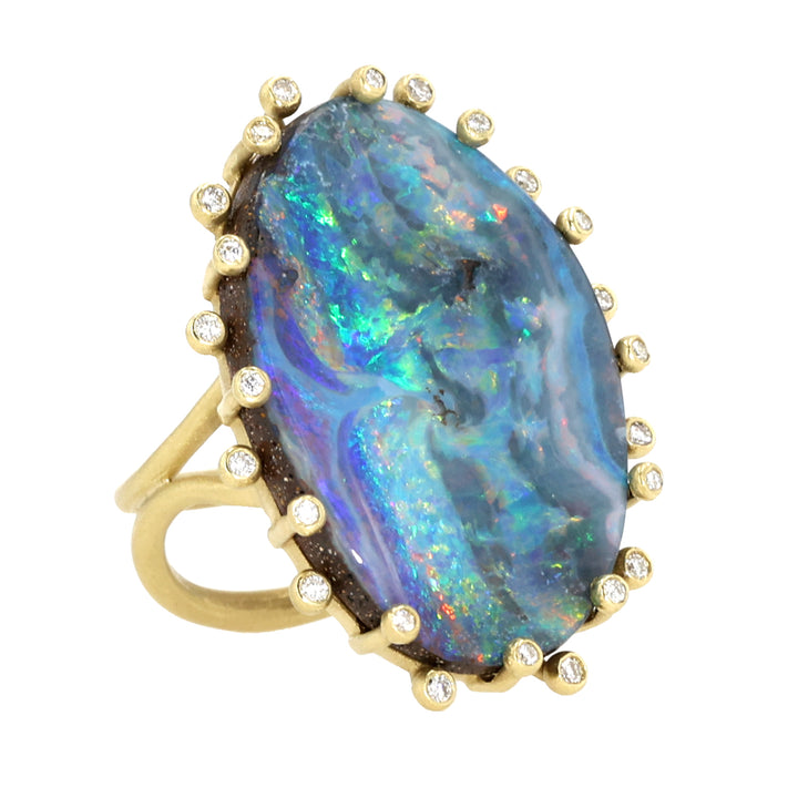 18K Yellow Gold Australian Boulder Opal and Diamond Firecracker Ring